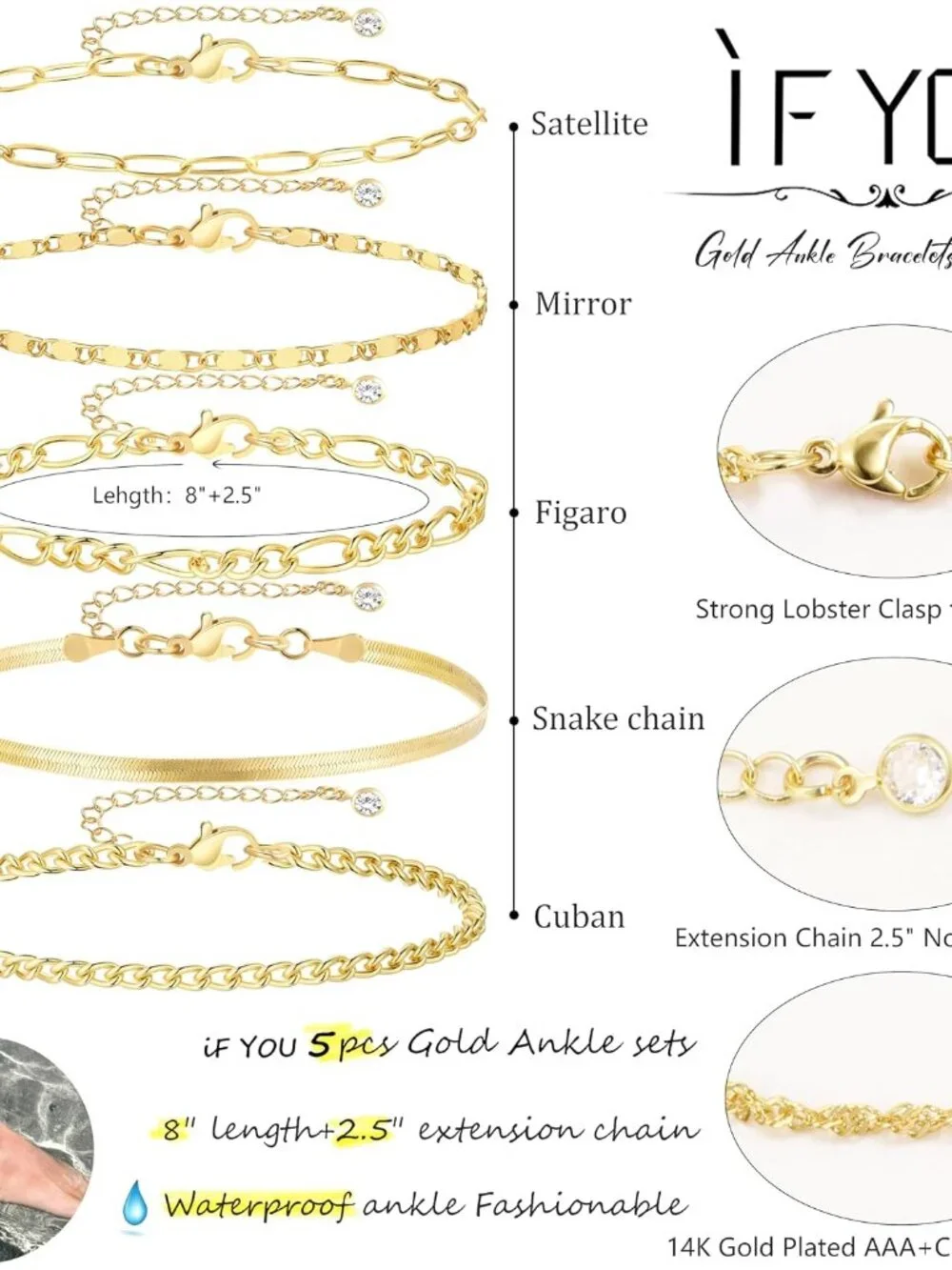Exquisite 14k Gold Anklet Set - Waterproof Cuban Link Design for Stylish Women